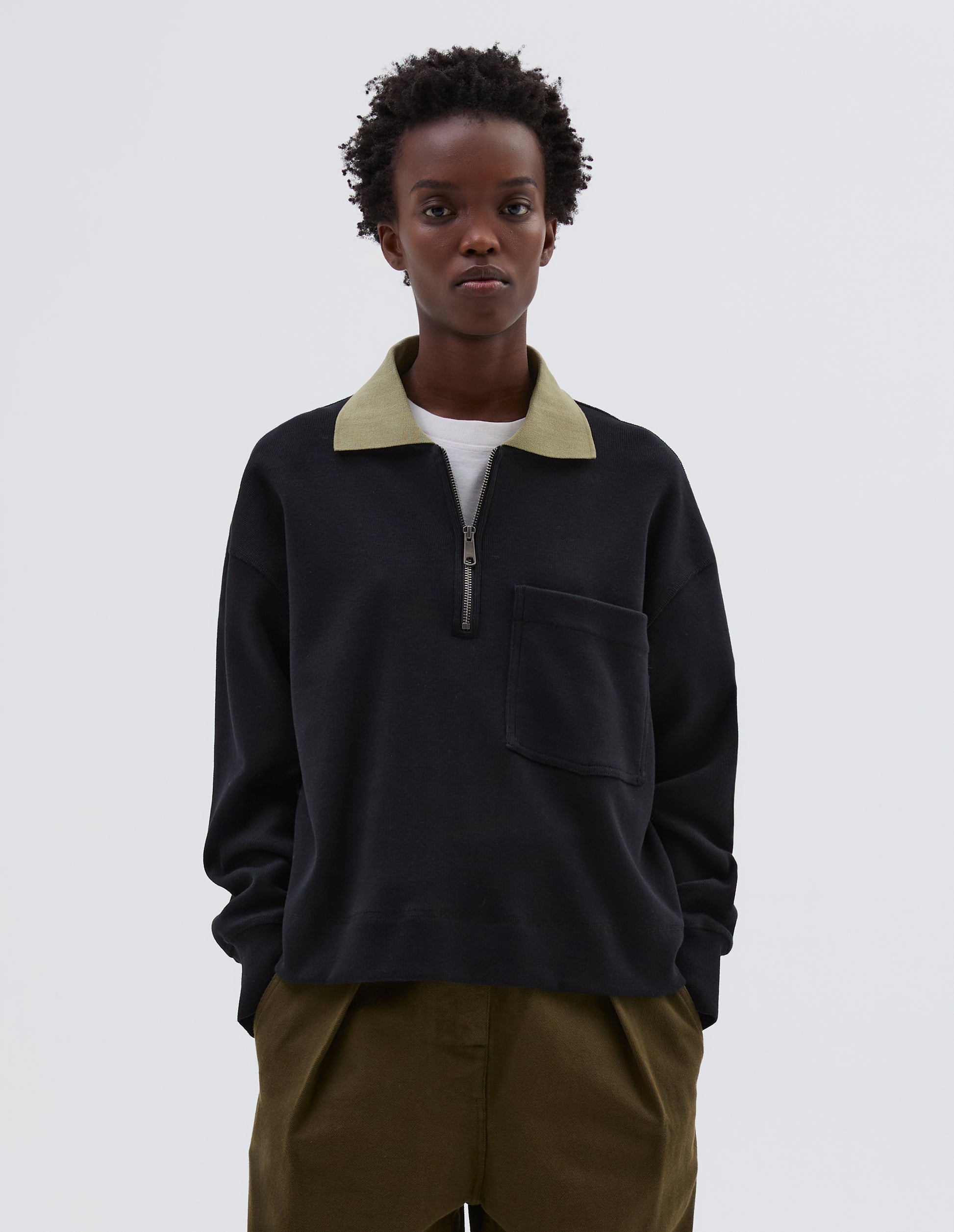 Black dry cotton rib zip polo | MHL. by Margaret Howell