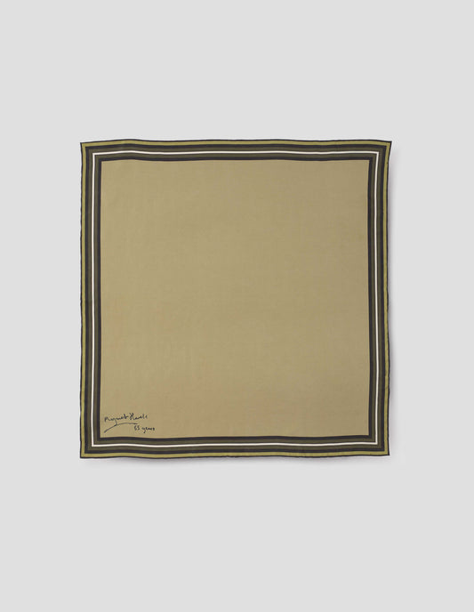 Light green square silk neck scarf with white, brown and dark green contrast borders, hand rolled edges and Margaret Howell logo. Front flat lay view.