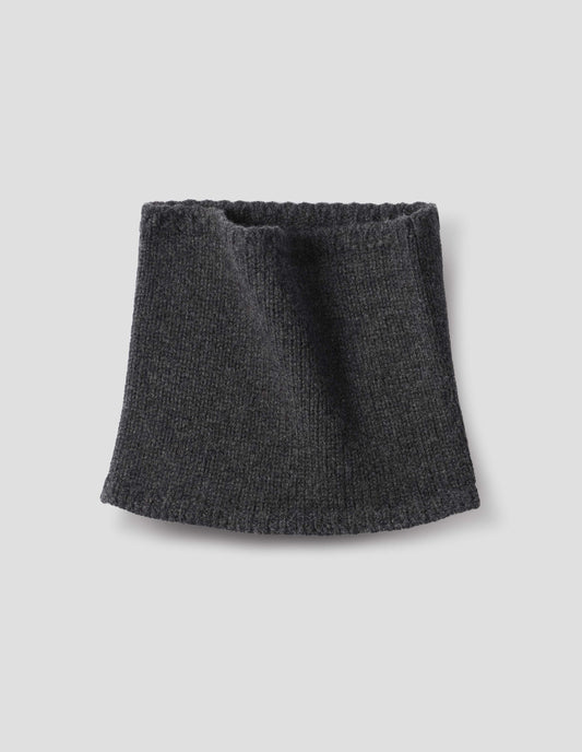 Dark grey merino cashmere knitted neck warmer with contrasting rib tipping. Front flat lay view.