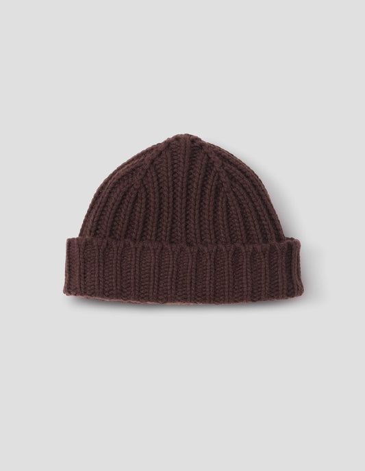 Dark brown chunky knitted cashmere beanie, front flat lay view.