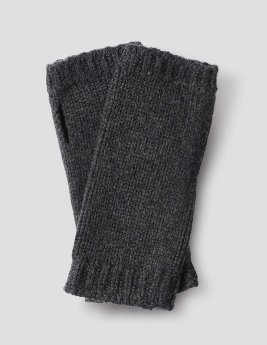 Dark grey knitted merino cashmere wrist warmers with thumb loop and contrasting rib tipping.