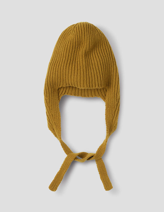 A yellow rib knitted hat with ear flaps and tie detail, front flat lay view.