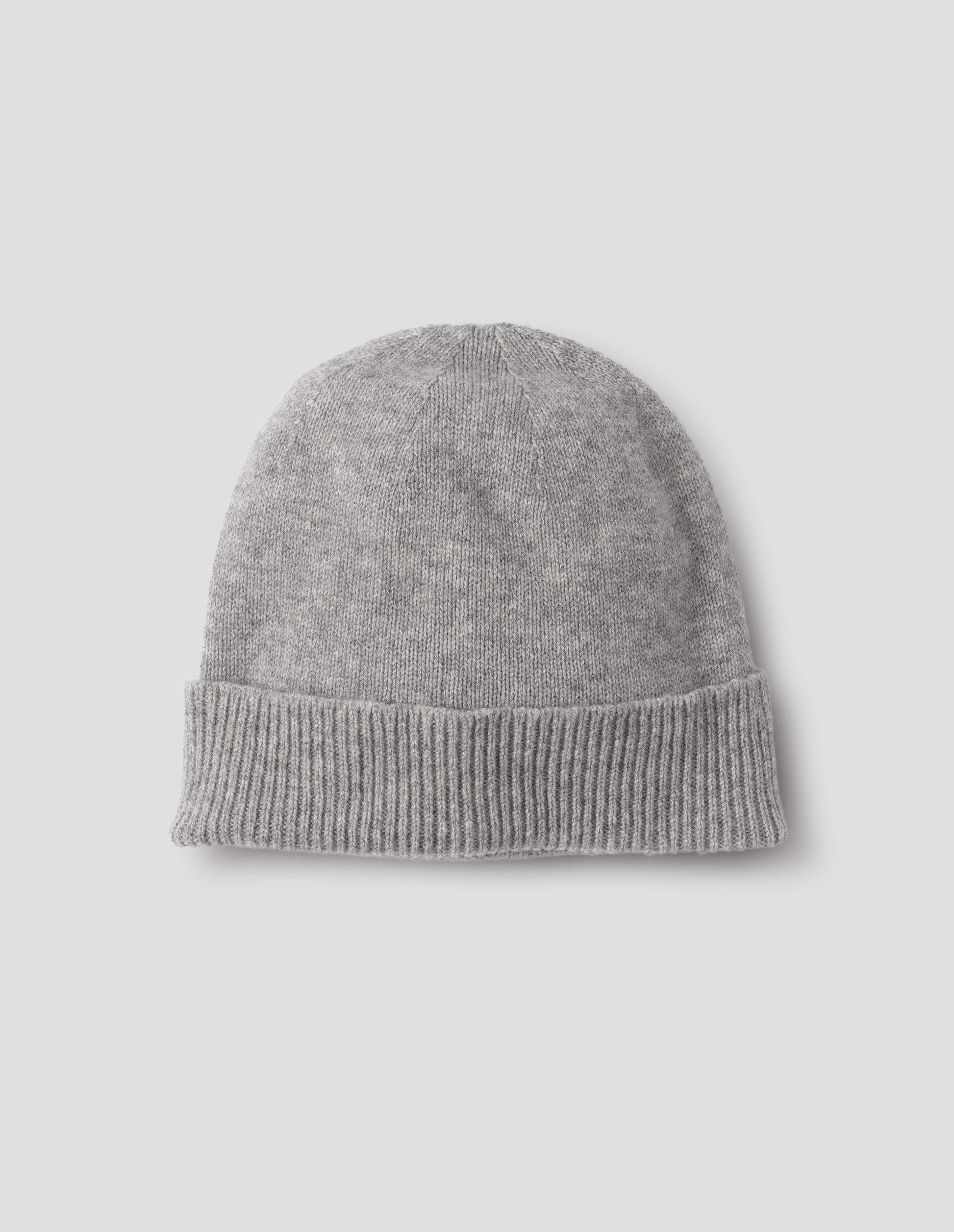 Grey cashmere beanie with contrast rib turn back rim, front flat lay view.