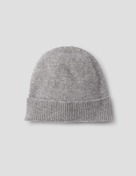 Grey cashmere beanie with contrast rib turn back rim, front flat lay view.