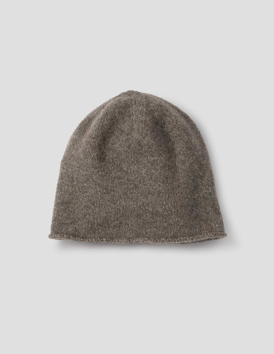 Beige brown cashmere and wool beanie hat with rolled edge brim, front flat lay view.