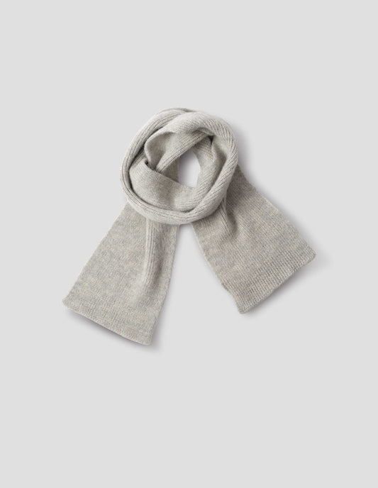 Grey knitted wool scarf, front flat lay view.