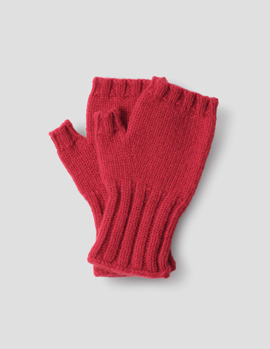 A pair of red wool knitted fingerless gloves with contrast ribbing on cuffs, front flat lay view.