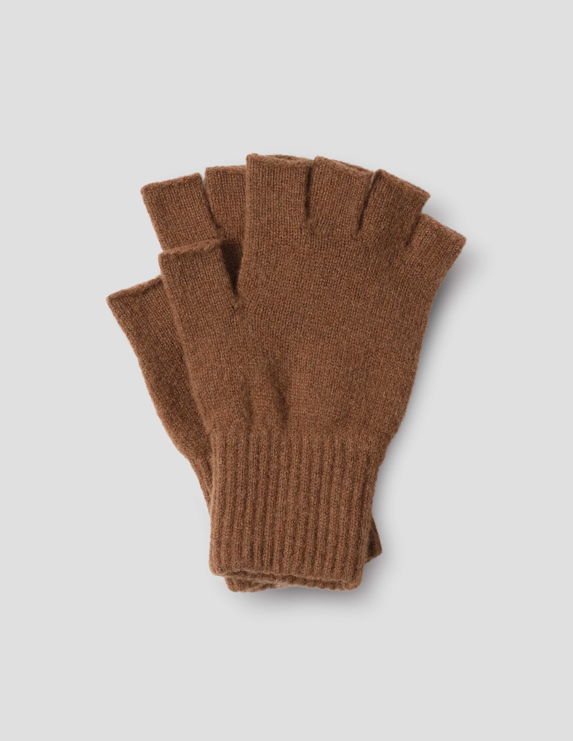 A pair of brown cut off fingerless gloves with contrast rib on wrist, front flat lay view.
