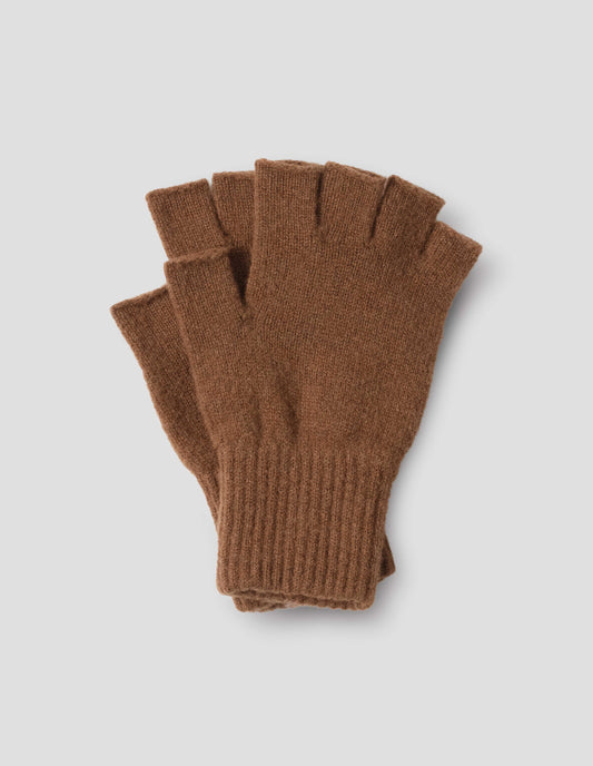 A pair of brown cut off fingerless gloves with contrast rib on wrist, front flat lay view.