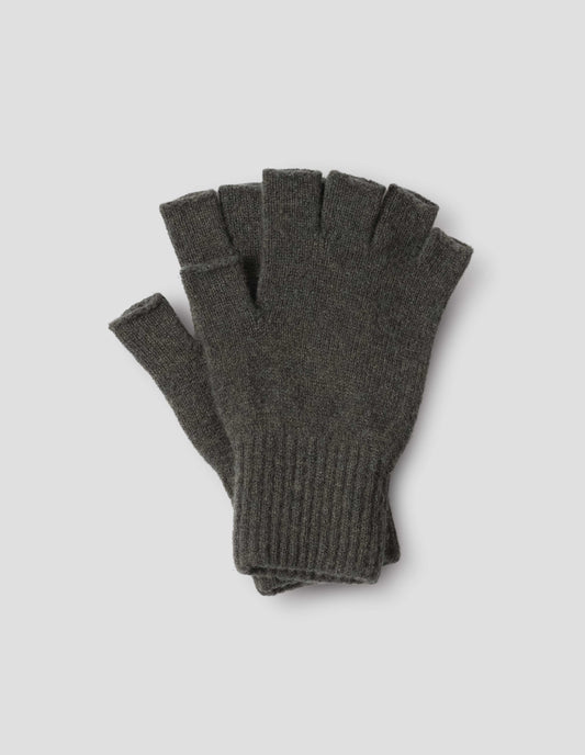 A pair of green cut off fingerless gloves with contrast rib on wrist, front flat lay view.
