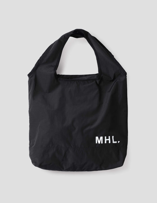 Black proofed cotton cotton bag with matte finish, With herringbone tape faced handles and MHL white branding in lower right corner. Front flat lay view.
