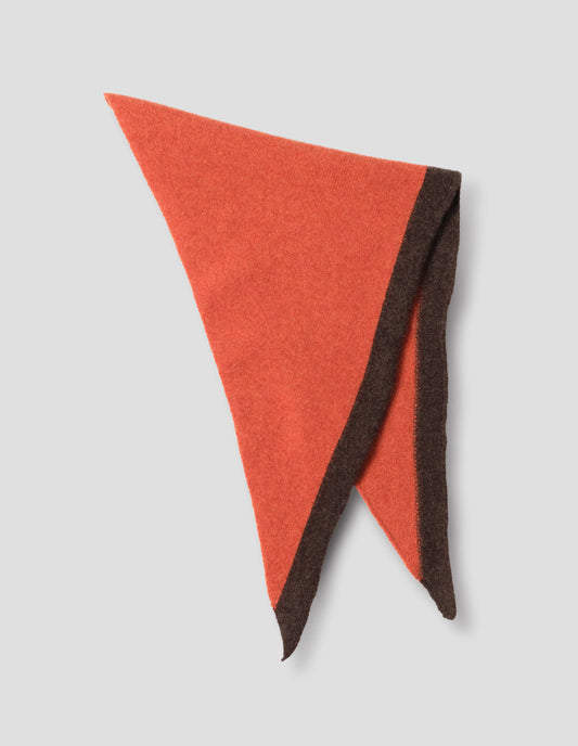 Orange wool scout scarf with brown wool trim, alternate flat lay view of scarf folded in half.