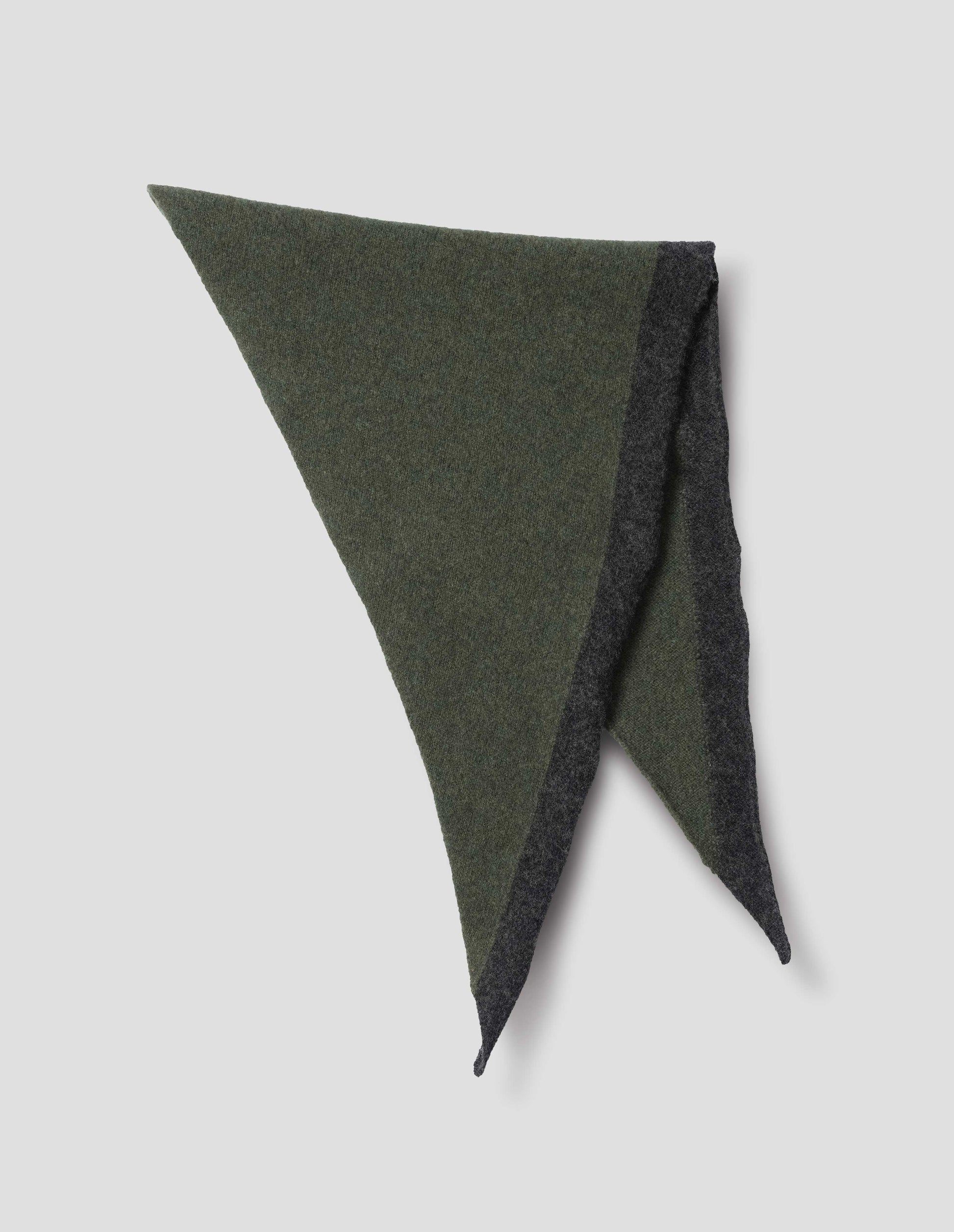 Green wool scout scarf with charcoal grey wool trim, alternate flat lay view of scarf folded in half.