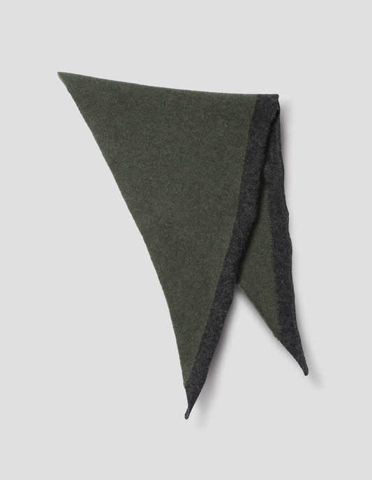 Green wool scout scarf with charcoal grey wool trim, alternate flat lay view of scarf folded in half.