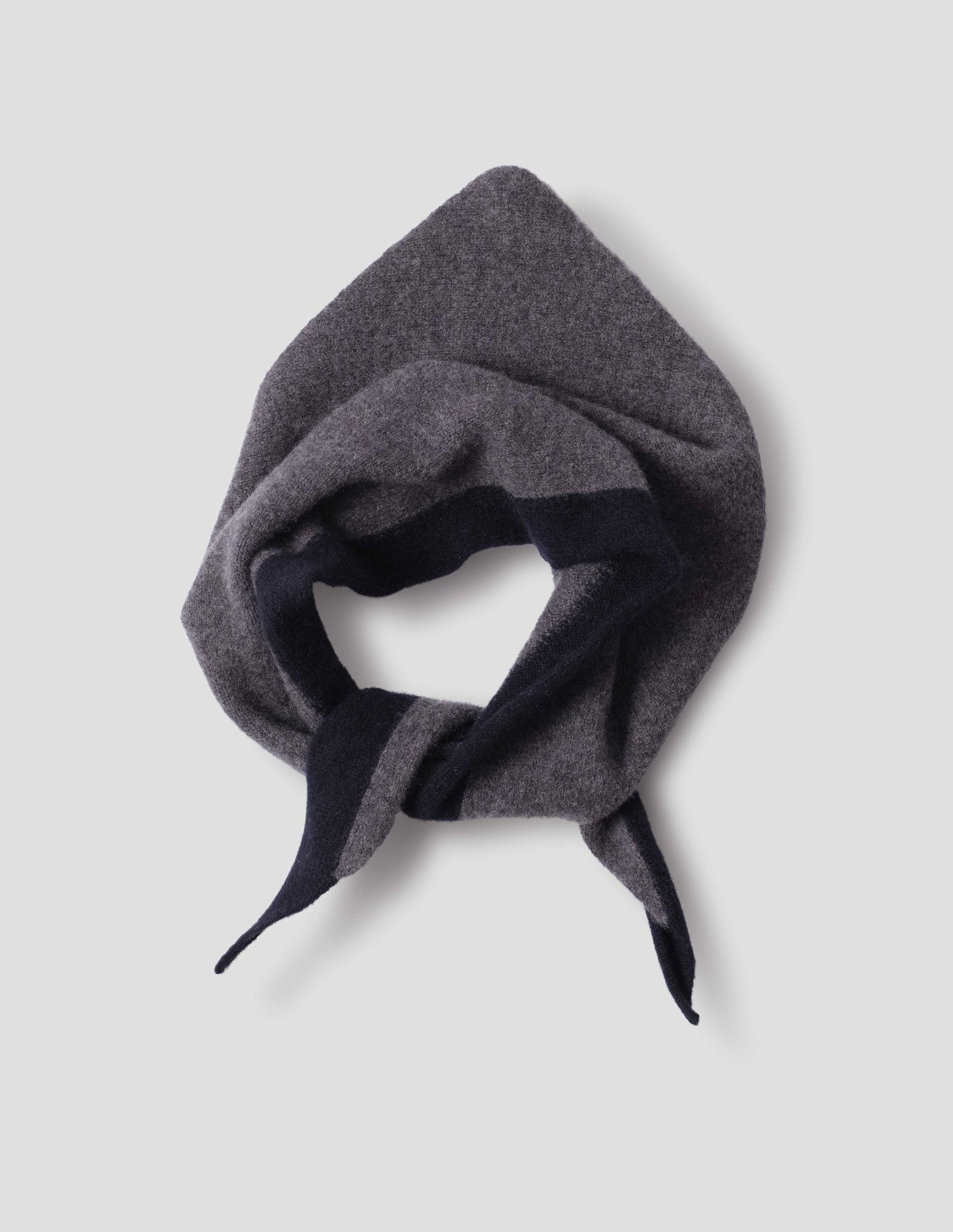 Grey wool scout scarf with dark navy wool trim, front flat lay view.