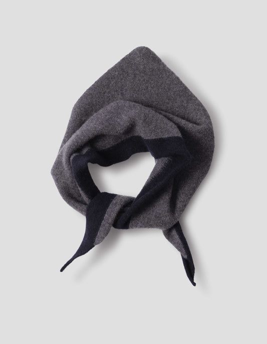 Grey wool scout scarf with dark navy wool trim, front flat lay view.