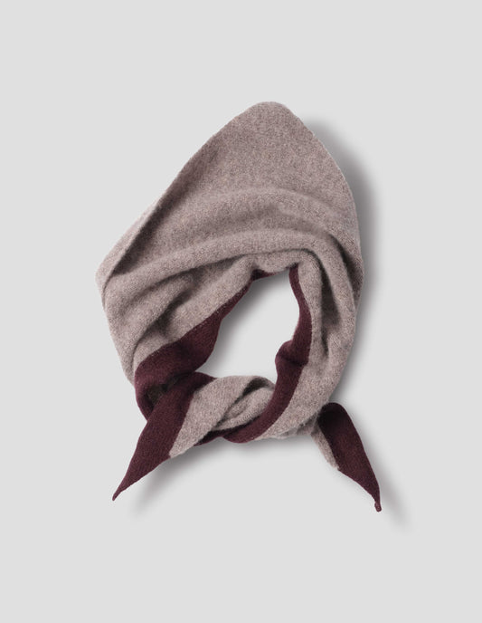 Beige wool scout scarf with dark red wool trim, front flat lay view.