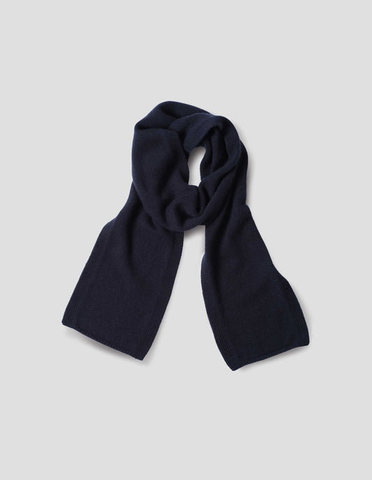 Dark navy blue knitted cashmere scarf, front flat lay view.