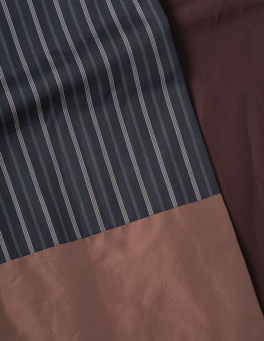 Brown, red and striped navy dry cotton poplin, fabric swatch.