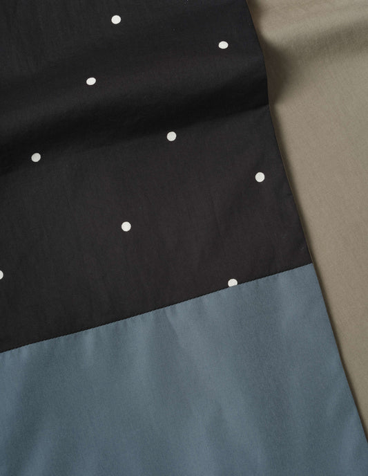 Green, blue and spotty navy washed cotton scarf, fabric swatch.