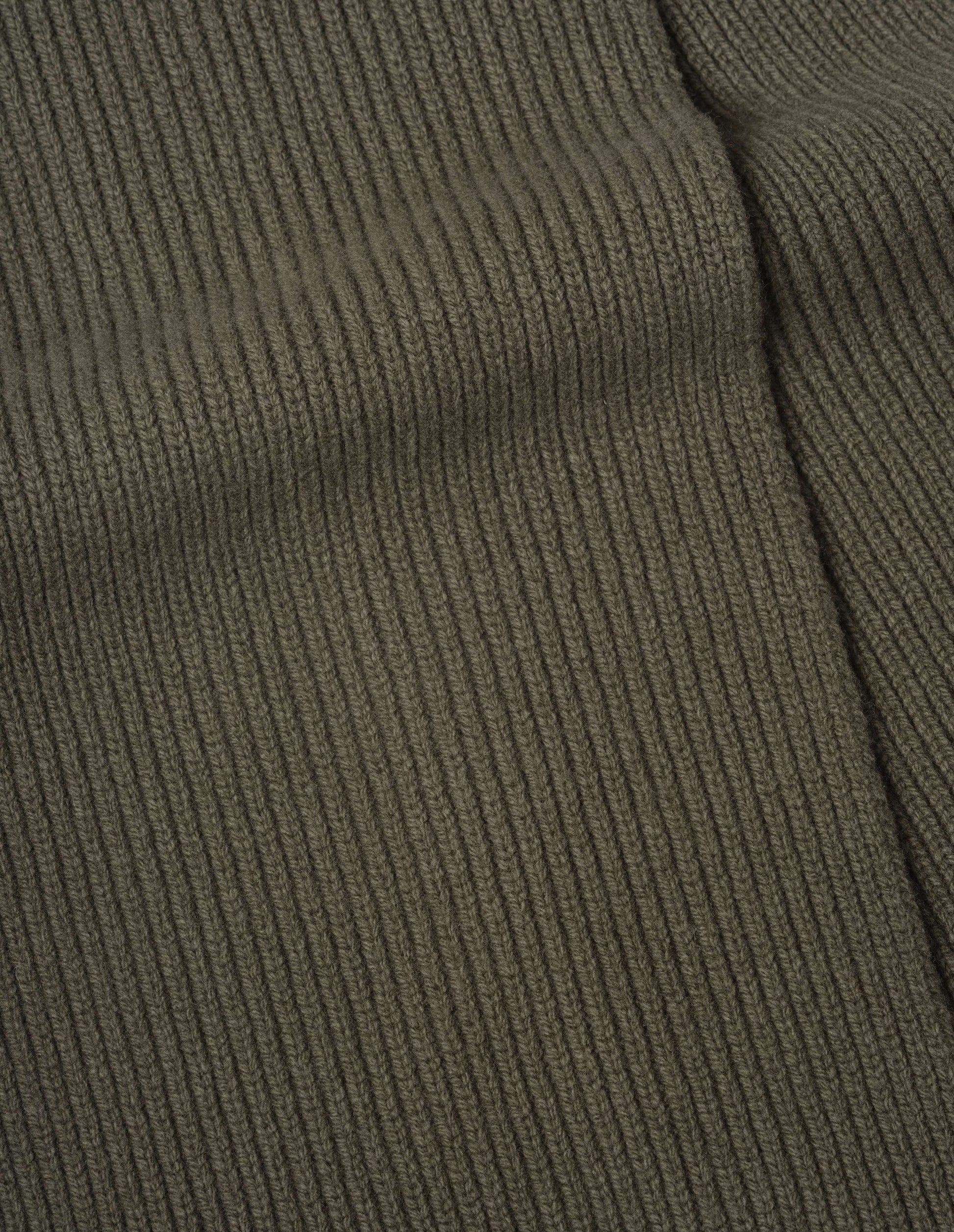 Olive green rib knitted merino wool scarf, fabric swatch.