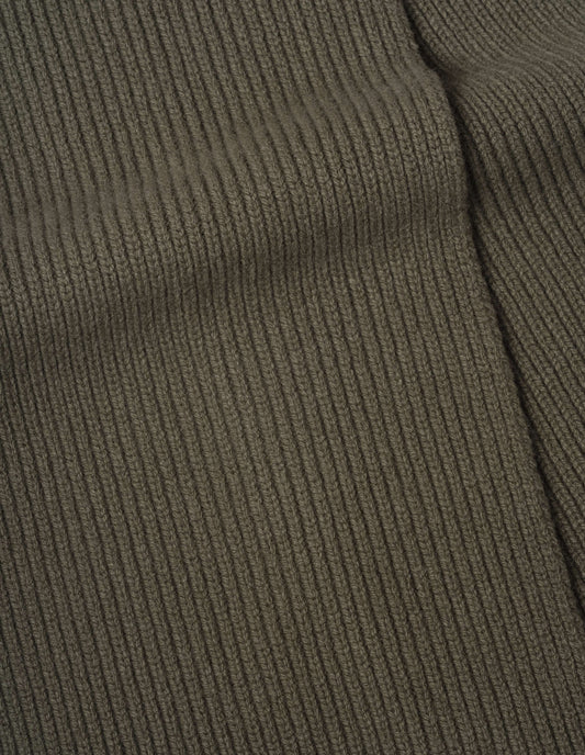 Olive green rib knitted merino wool scarf, fabric swatch.