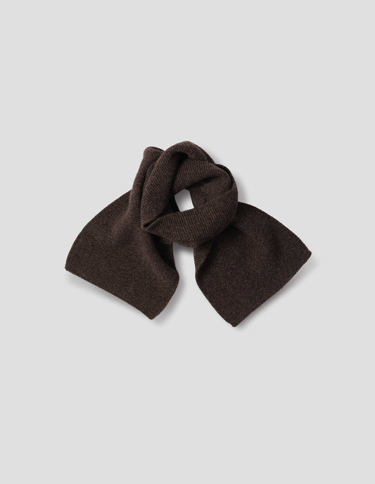 Brown textured knitted yak, wool and cashmere scarf, front flat lay view. 