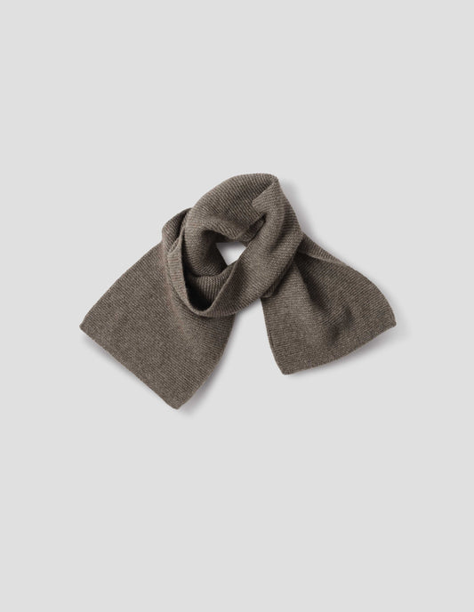 Beige brown textured knitted yak, wool and cashmere scarf, front flat lay view. 