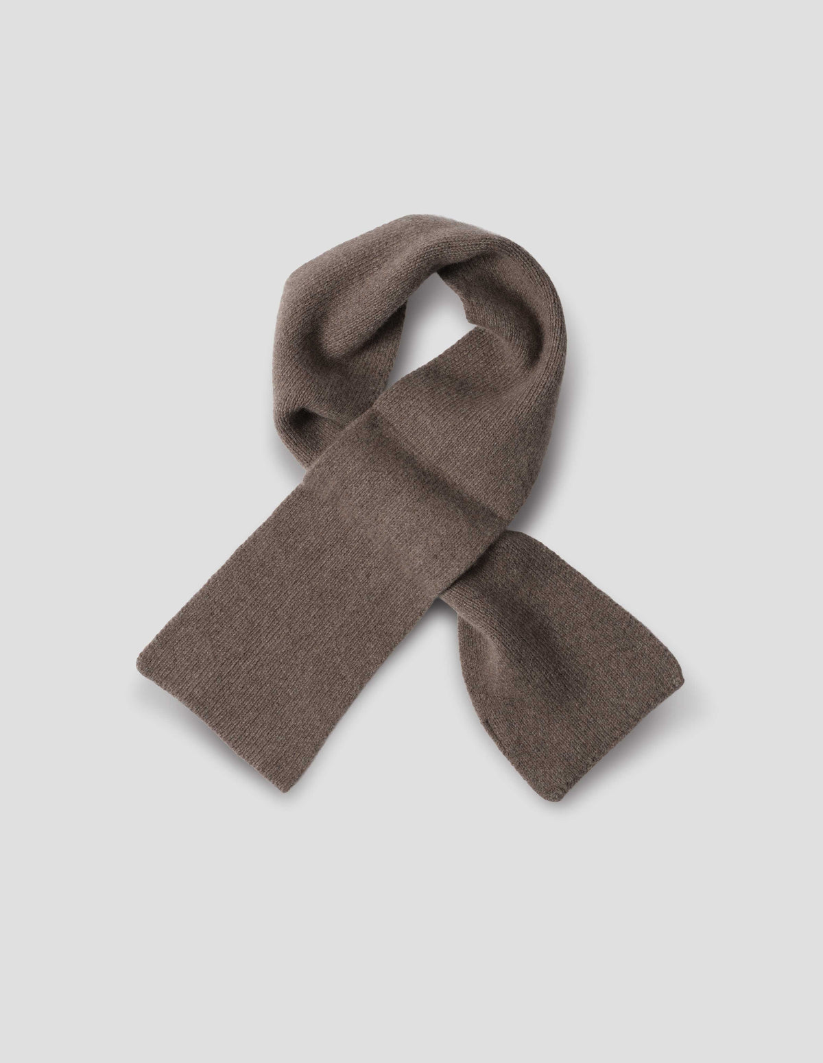Grey cashmere merino tie through knitted scarf. Front flat lay view.