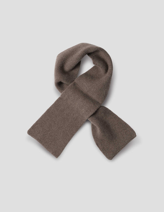 Grey cashmere merino tie through knitted scarf. Front flat lay view.