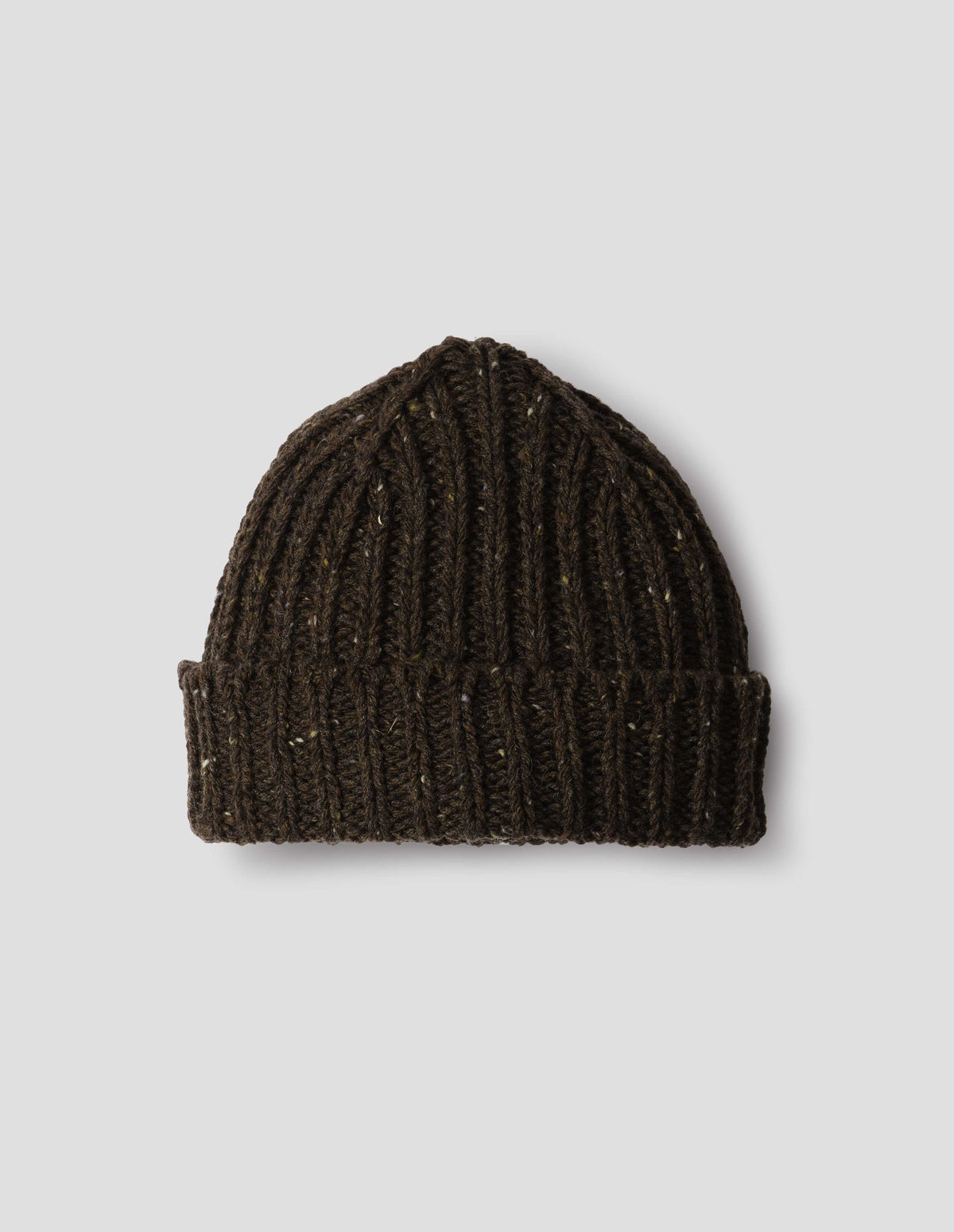Dark brown chunky ribbed donegal lambswool mix knitted beanie with light contrasting flecks and turn up brim. Front flat lay view.