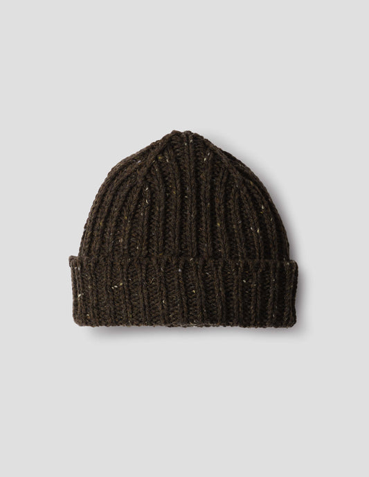 Dark brown chunky ribbed donegal lambswool mix knitted beanie with light contrasting flecks and turn up brim. Front flat lay view.