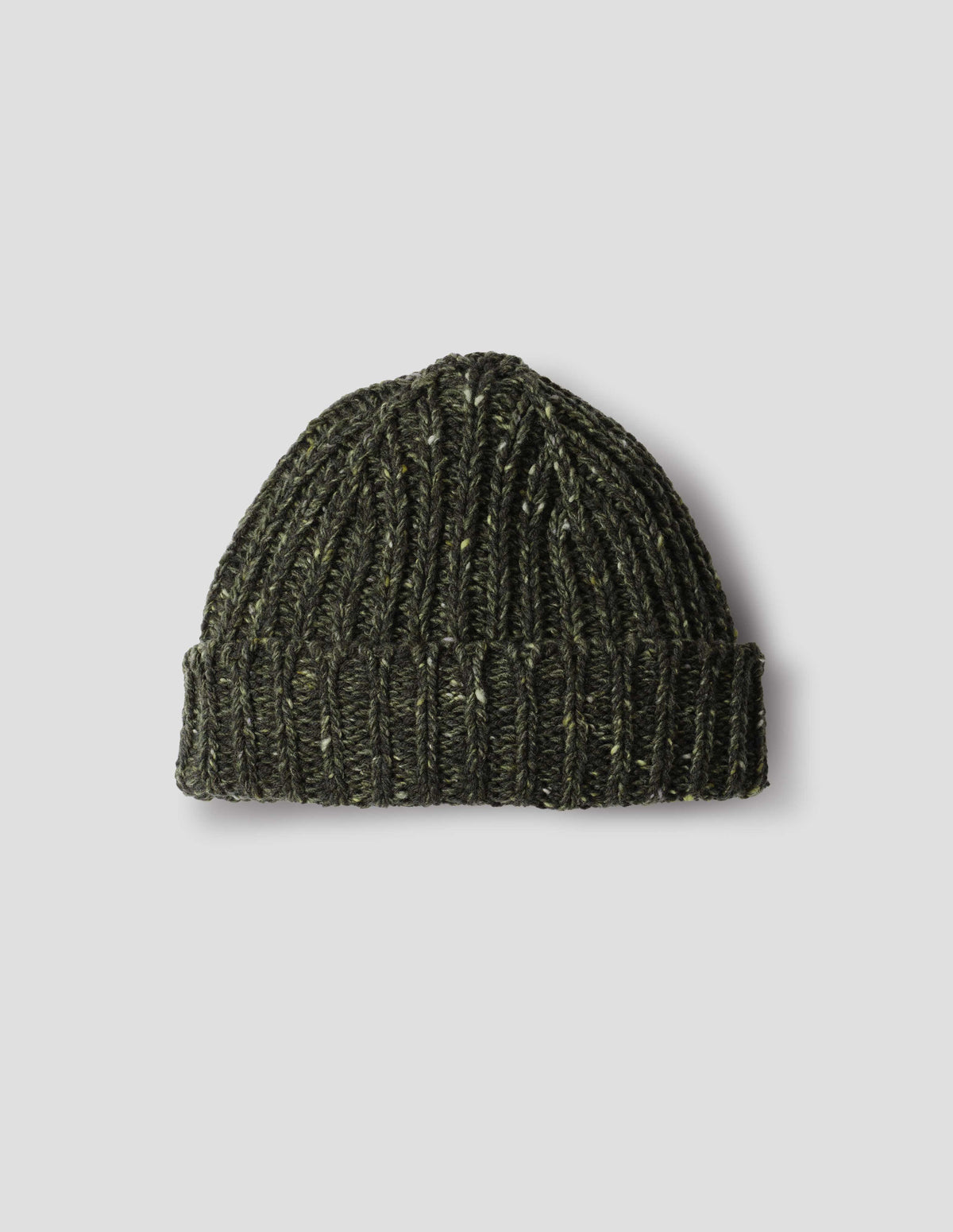 Dark green chunky ribbed donegal lambswool mix knitted beanie with light contrasting flecks and turn up brim. Front flat lay view.