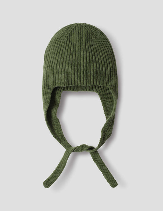 Green soft spun merino knitted ribbed hat with ear flaps and tie detail. Front flat lay view.