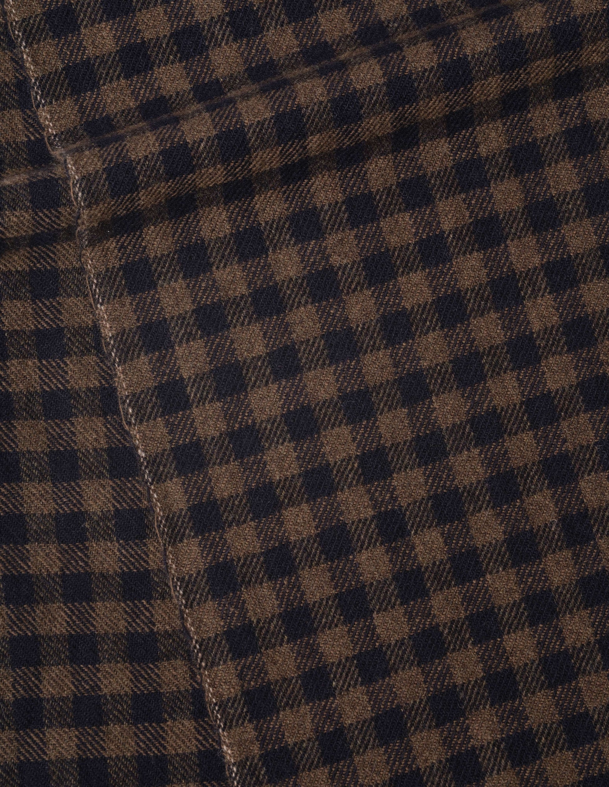 Handwoven gingham check brown and dark blue wool scarf, fabric swatch.