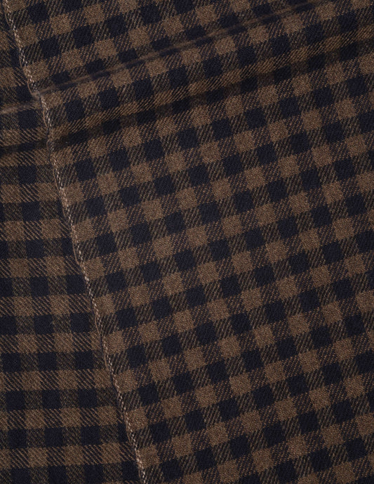 Handwoven gingham check brown and dark blue wool scarf, fabric swatch.