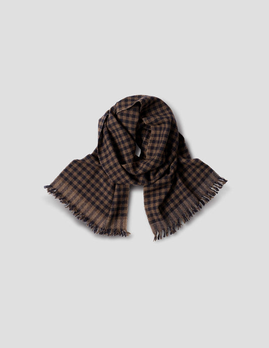 Brown and dark blue handwoven gingham check scarf, front flat lay view.