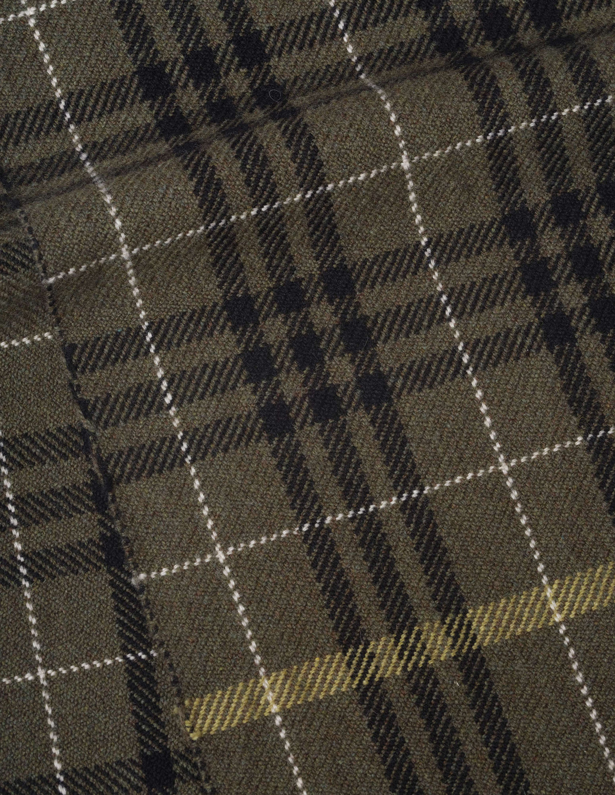 Brownish green with light white and black contrasting handwoven grid check wool scarf, front flat lay view.