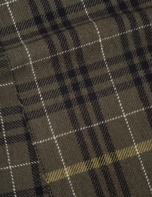 Brownish green with light white and black contrasting handwoven grid check wool scarf, front flat lay view.