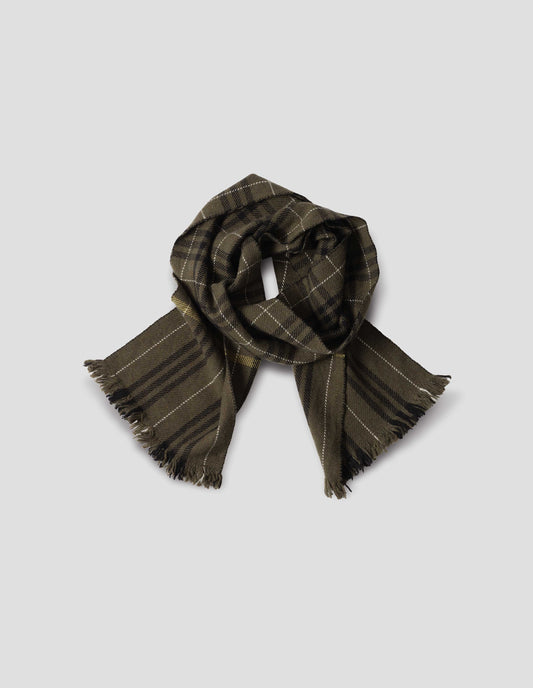 Brownish green with light white and black contrasting handwoven grid check scarf, front flat lay view.
