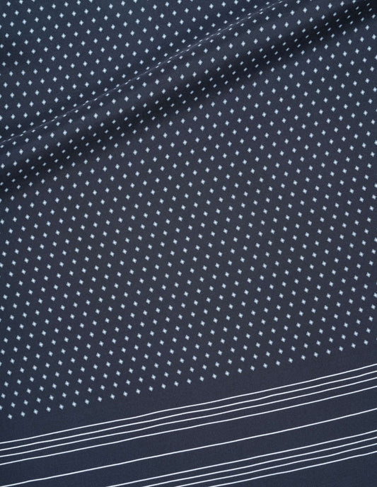 Dark blue silk scarf with white stripes and dots, fabric swatch.