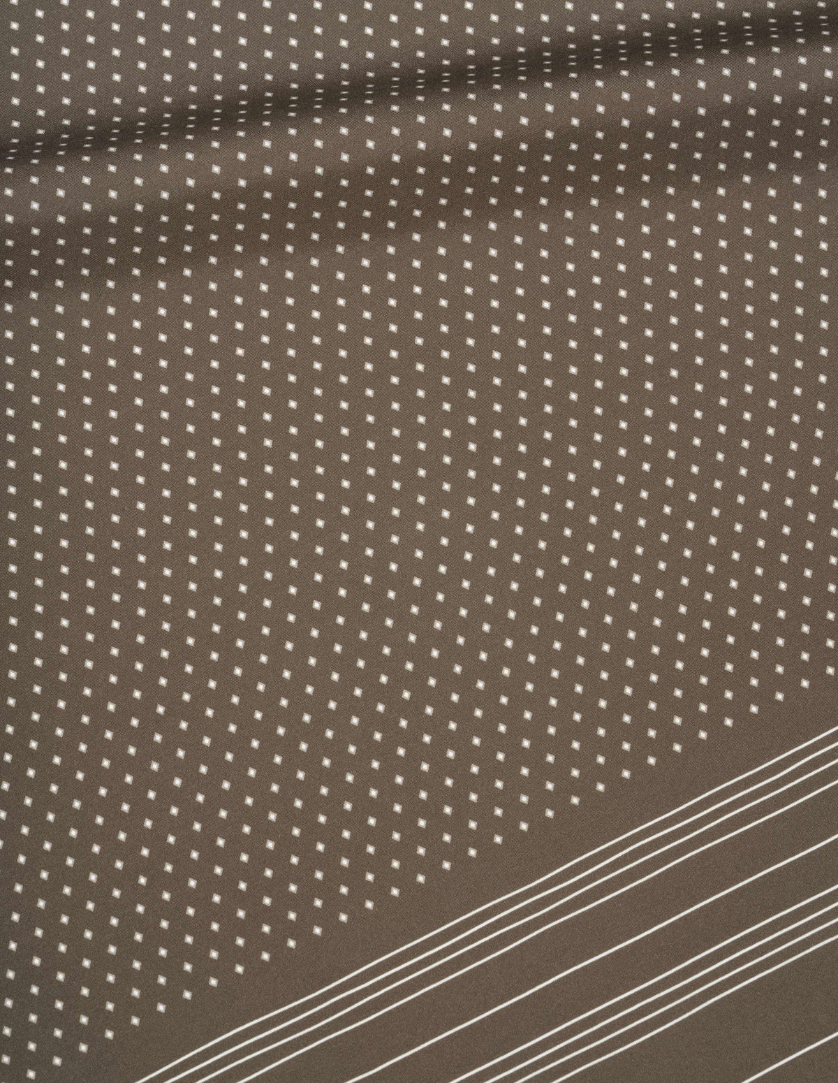 Khaki green silk scarf with white stripes and dots, fabric swatch.