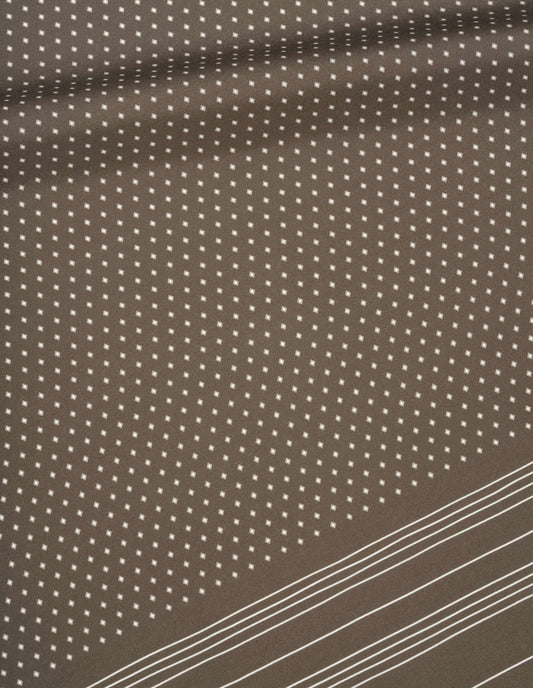 Khaki green silk scarf with white stripes and dots, fabric swatch.