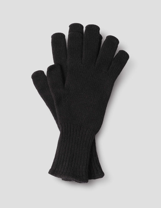 Black cashmere merino knitted gloves with contrasting rib cuffs. Front flat lay view.