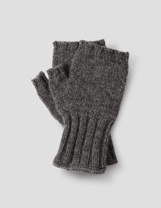 Grey knitted Shetland wool fingerless gloves with contrasting rib cuffs, front flat lay view.