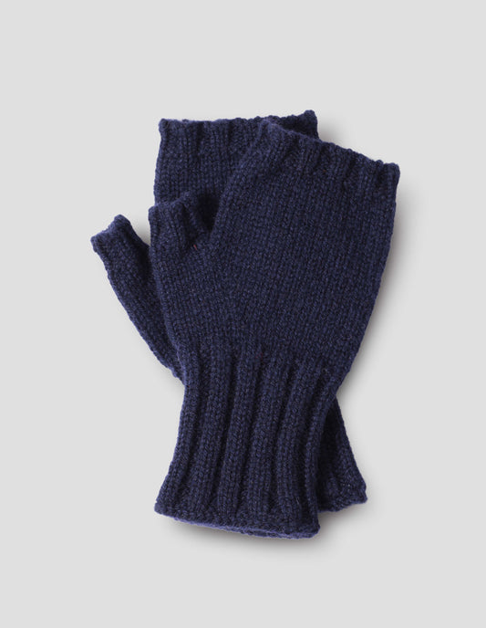 Dark blue knitted Shetland wool fingerless gloves with contrasting rib cuffs, front flat lay view.