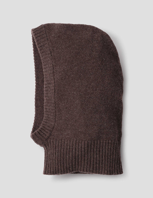 Brown felted knit lambswool hood with contrasting rib on face and neck, side flat lay view.