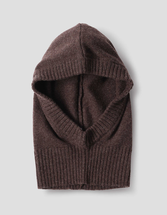 Brown felted knit lambswool hood with contrasting rib on face and neck, front flat lay view.
