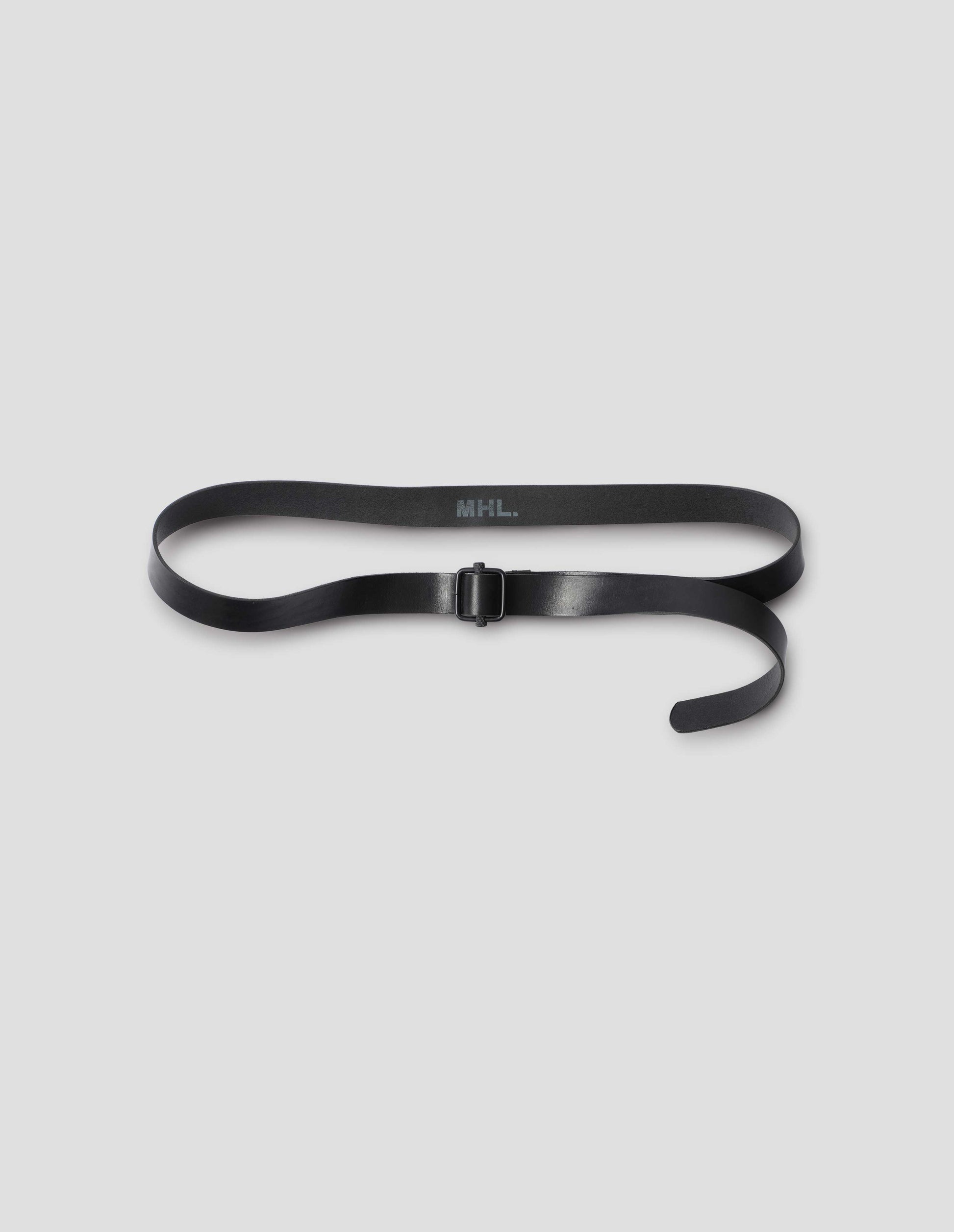 Black leather belt, with square black slider buckle, front flat lay view.