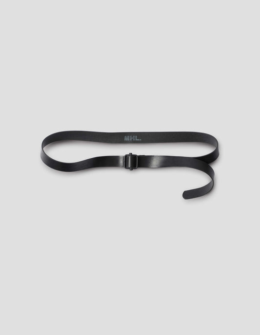 Black leather belt, with square black slider buckle, front flat lay view.